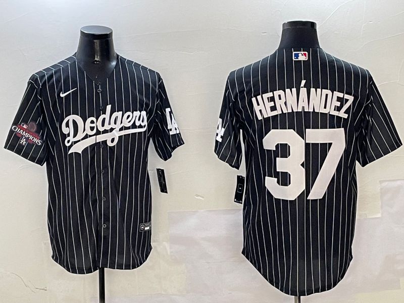 Men Los Angeles Dodgers 37 Hernandez Black Stripe Jointly Name 2025 Nike MLB Jersey style 2
